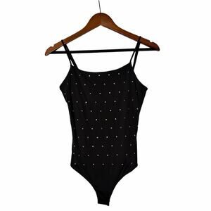 American Threads Thong Bodysuit S Black Rhinestone Spag Strap Glam Y2K Clubwear